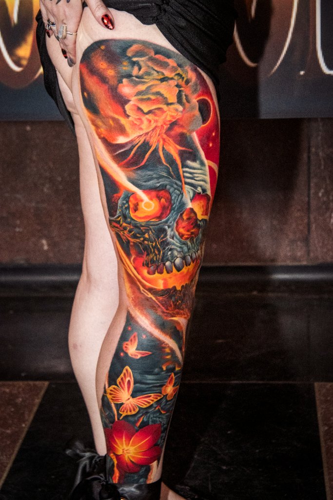 Volcano Skull Leg Tattoo
