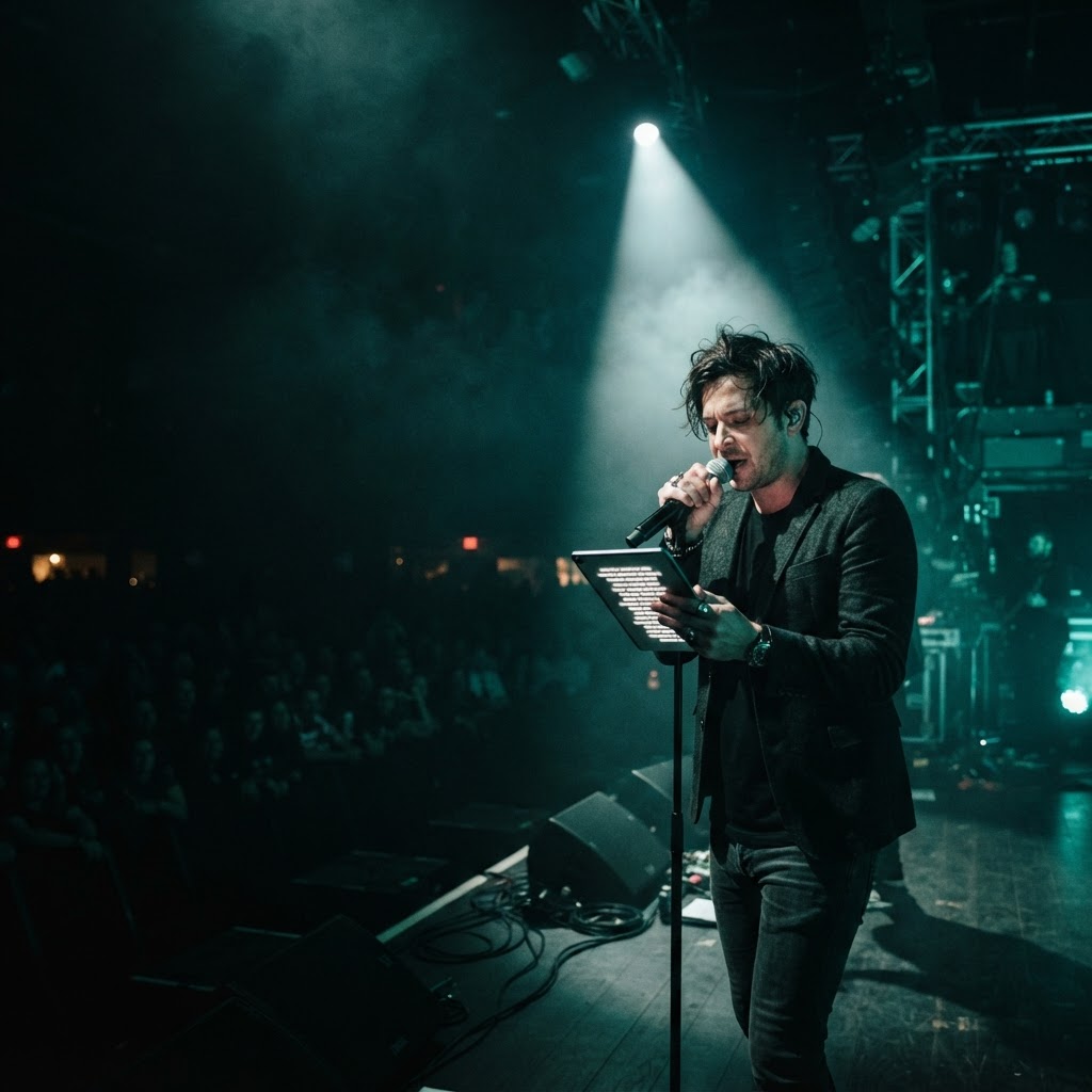 Performer singing on stage under spotlights