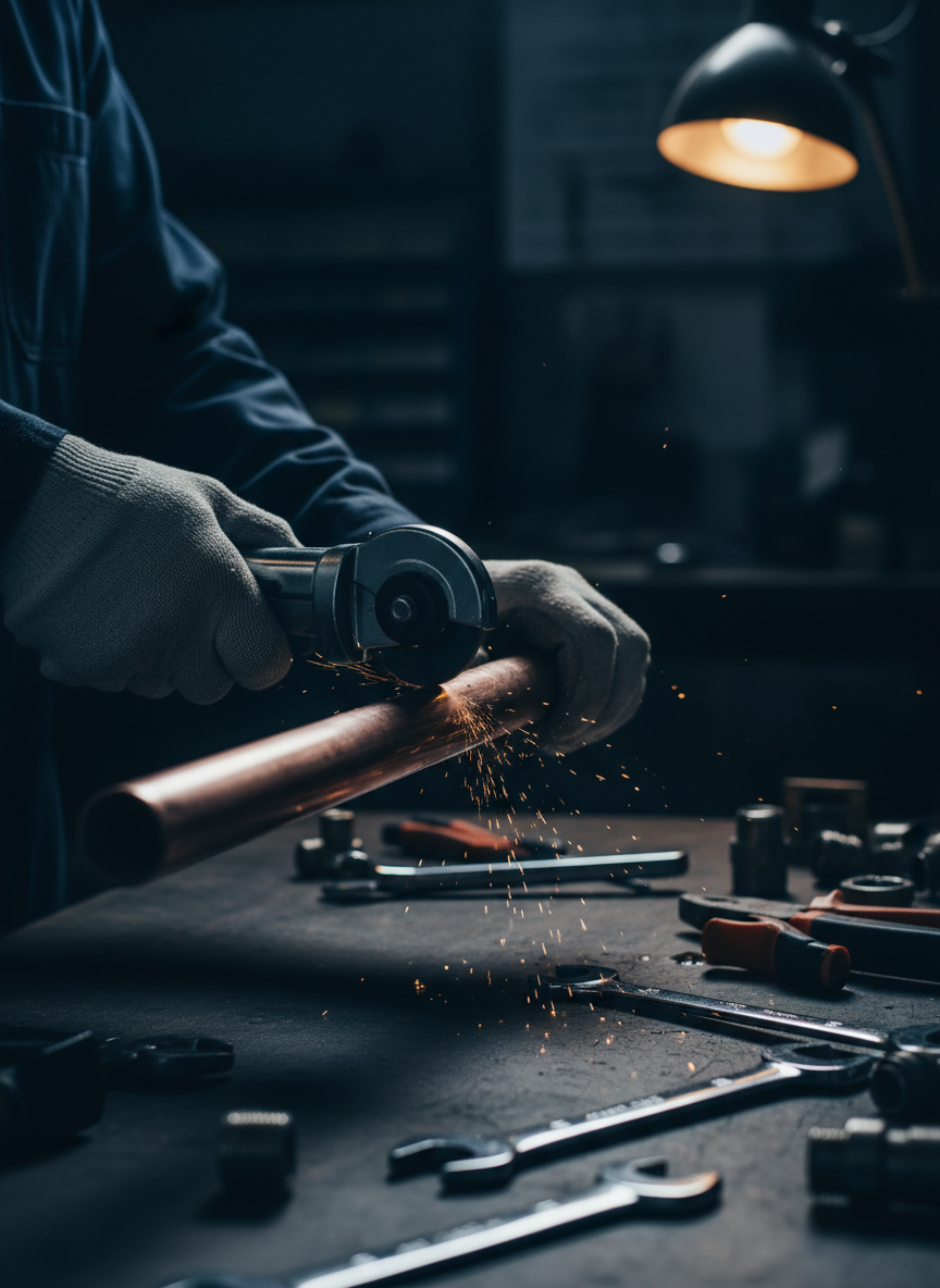 Professional plumber cutting copper pipe