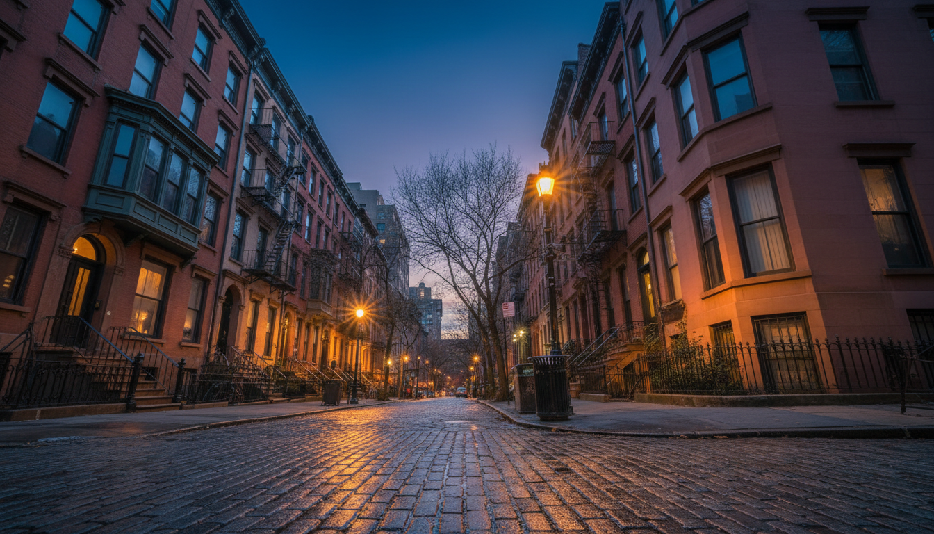 New York City brownstone buildings at twilight