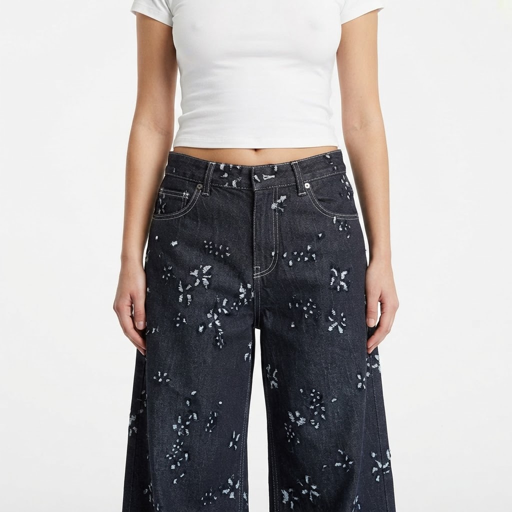 Jean Large Indigo à Fleurs Effilochées
