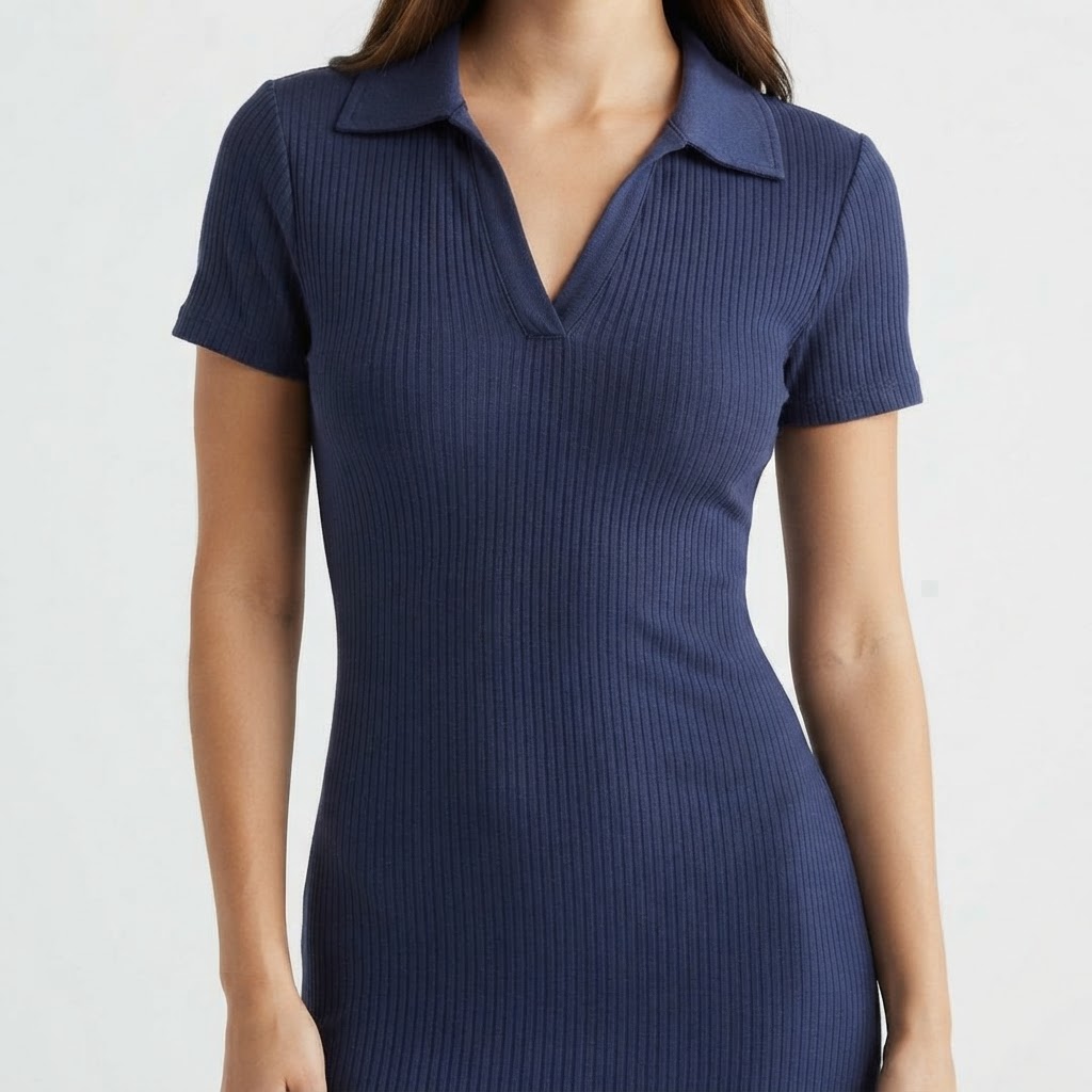 Robe Courte Nervurée à Col Polo