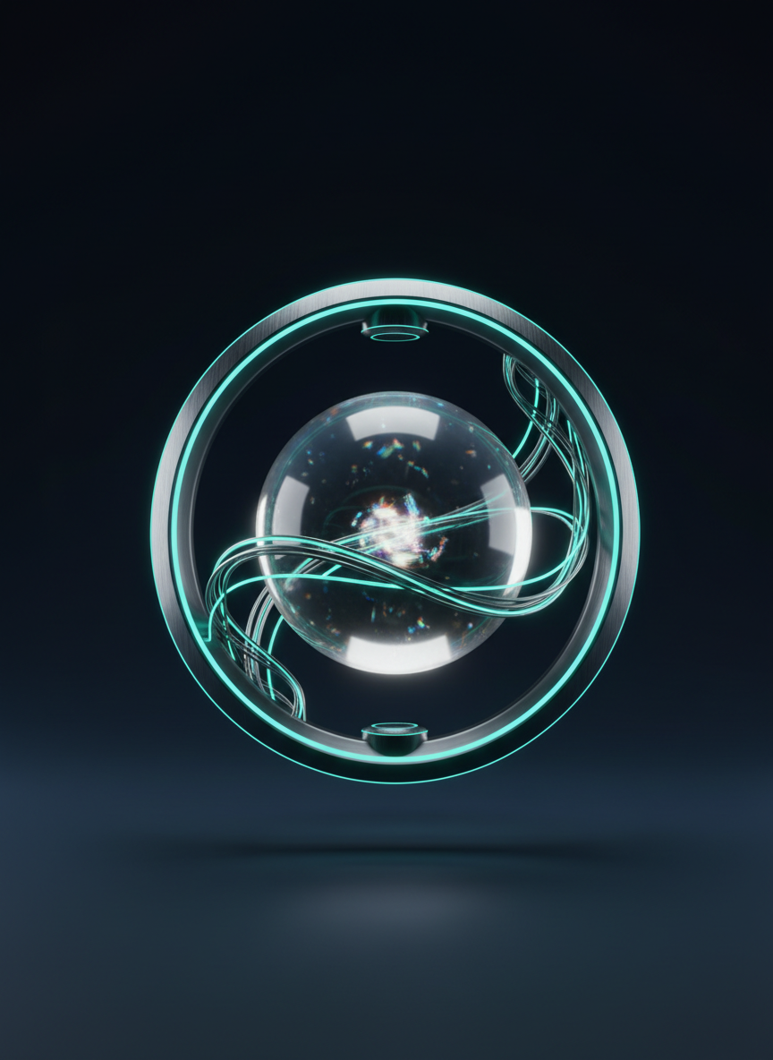 Abstract 3D glass sphere in a luminous loop, representing automated candidate communication flow