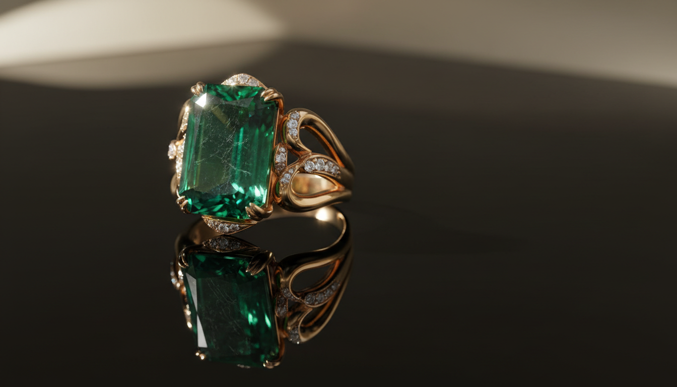 Anillo de esmeralda en oro 18k sobre superficie de obsidiana negra