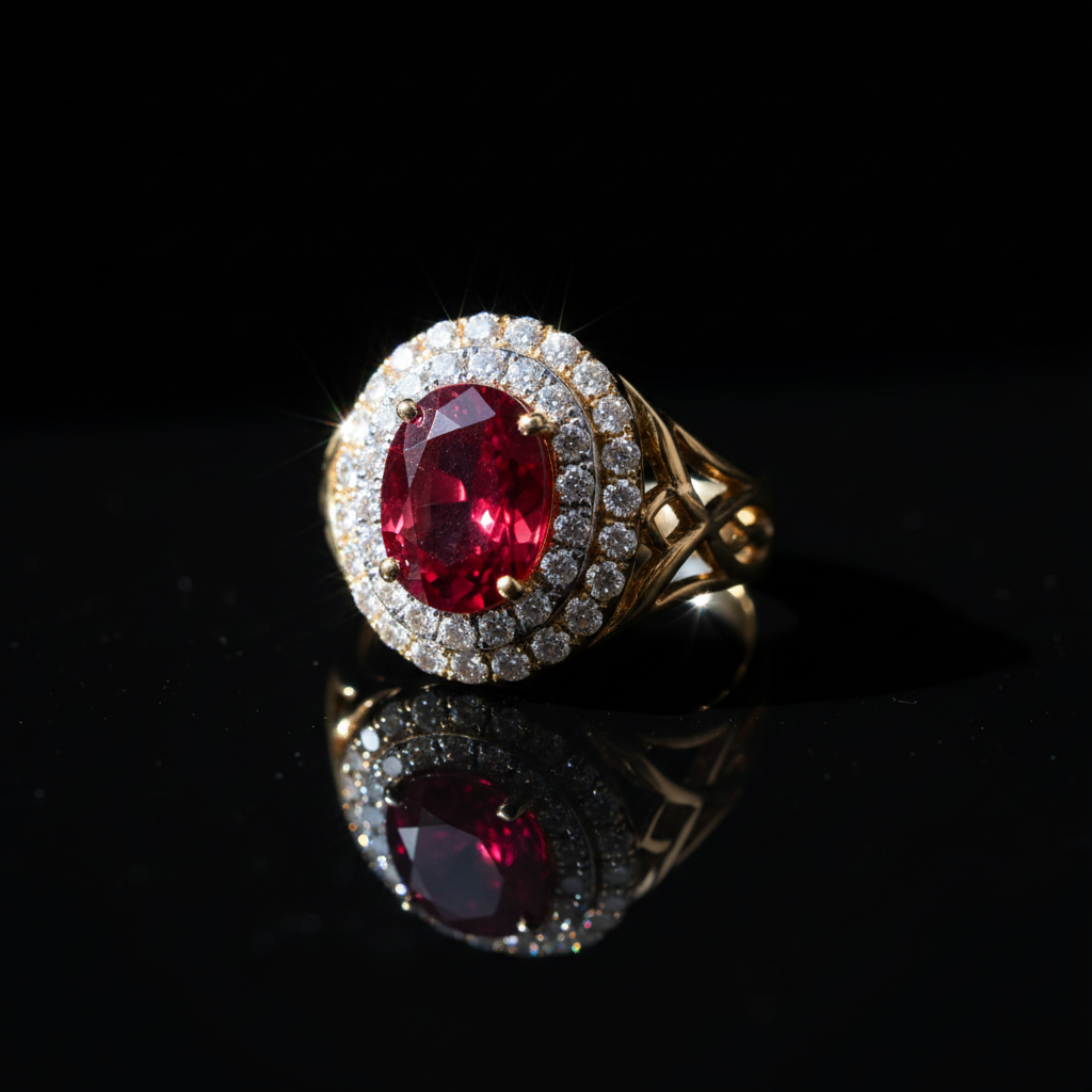 Anillo de rubí con halo de diamantes en oro