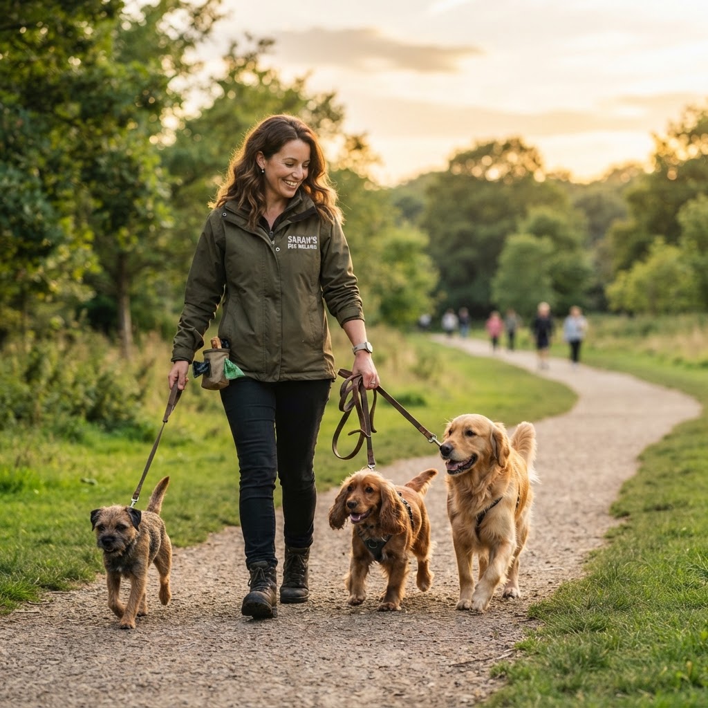 Professional PawLocal dog walker enjoying time outdoors with dogs