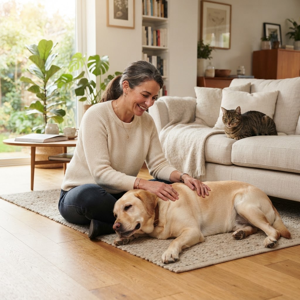 Friendly PawLocal pet sitter caring for a dog and cat at home