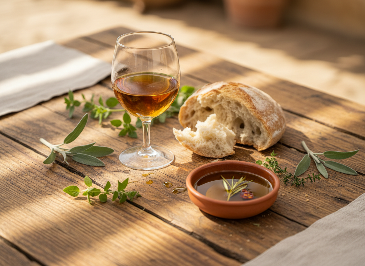 Rustic shared wooden table with wine, artisan bread, and olive oil in soft sunlight