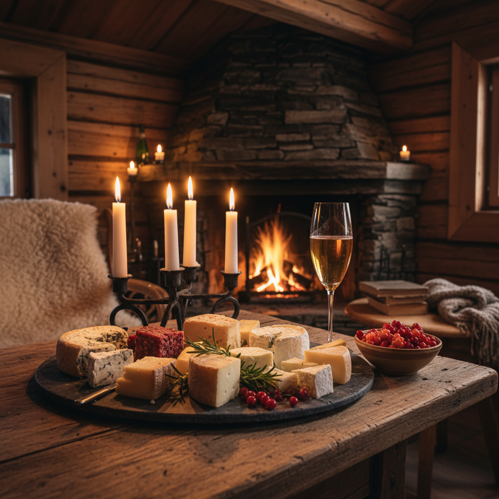 Nordic artisan food and cider inside a warm cozy wooden cabin