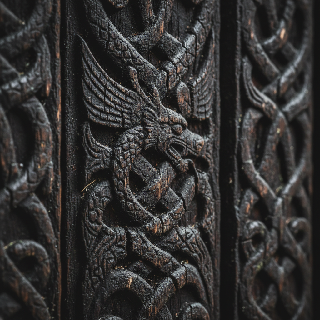 Close-up ancient dark tarred pine wood Viking carvings on a Norwegian Stave Church