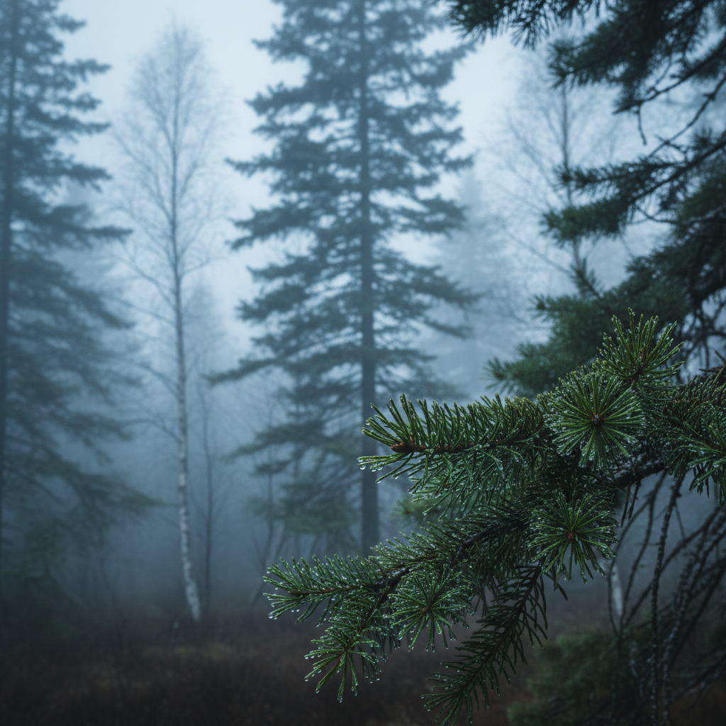 Misty Arctic morning pine forest with fresh green pine needles covered in dew