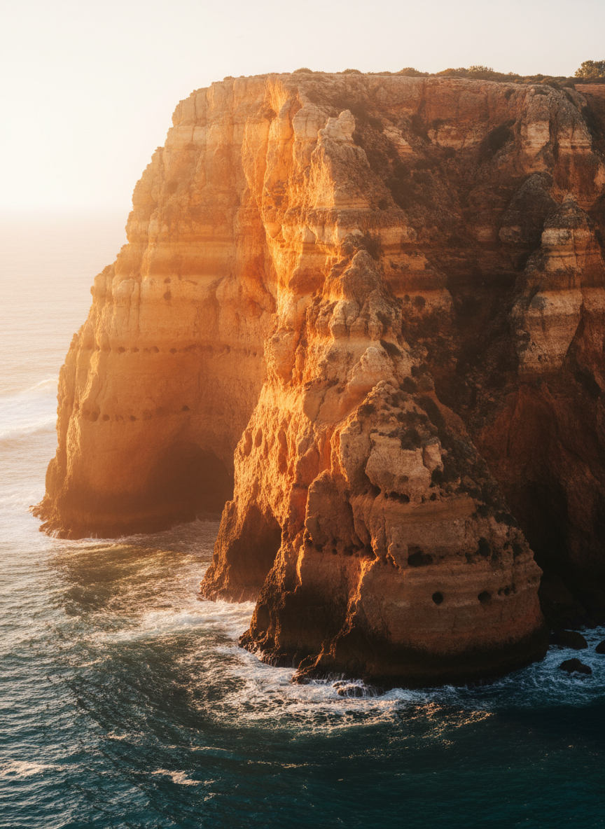 Golden sunlight on red Algarve cliffs above deep blue ocean