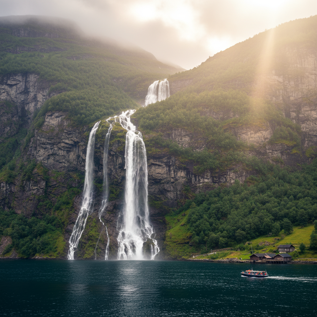 Waterfall cascading directly into a deep blue Norwegian fjord between green mountain cliffs