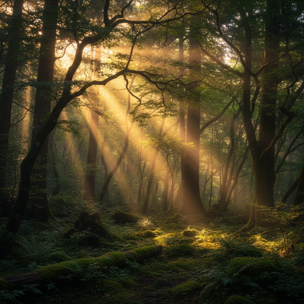 Sunbeams through dark forest