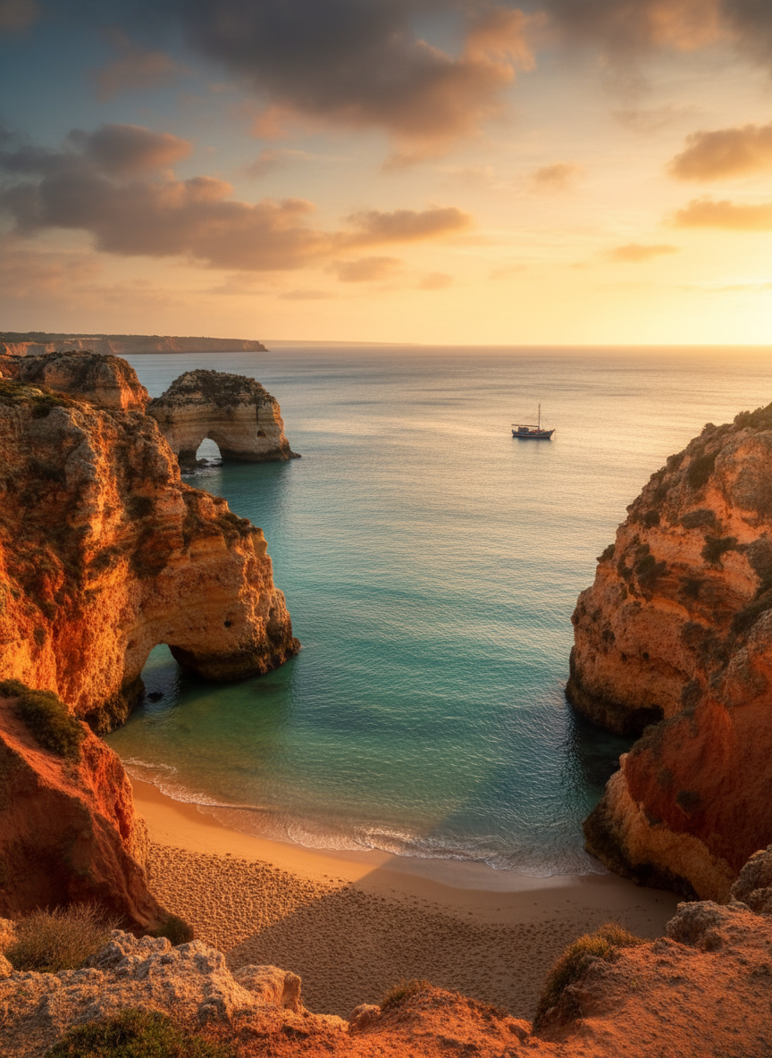Golden limestone sea caves and crystal turquoise waters of the Algarve coast