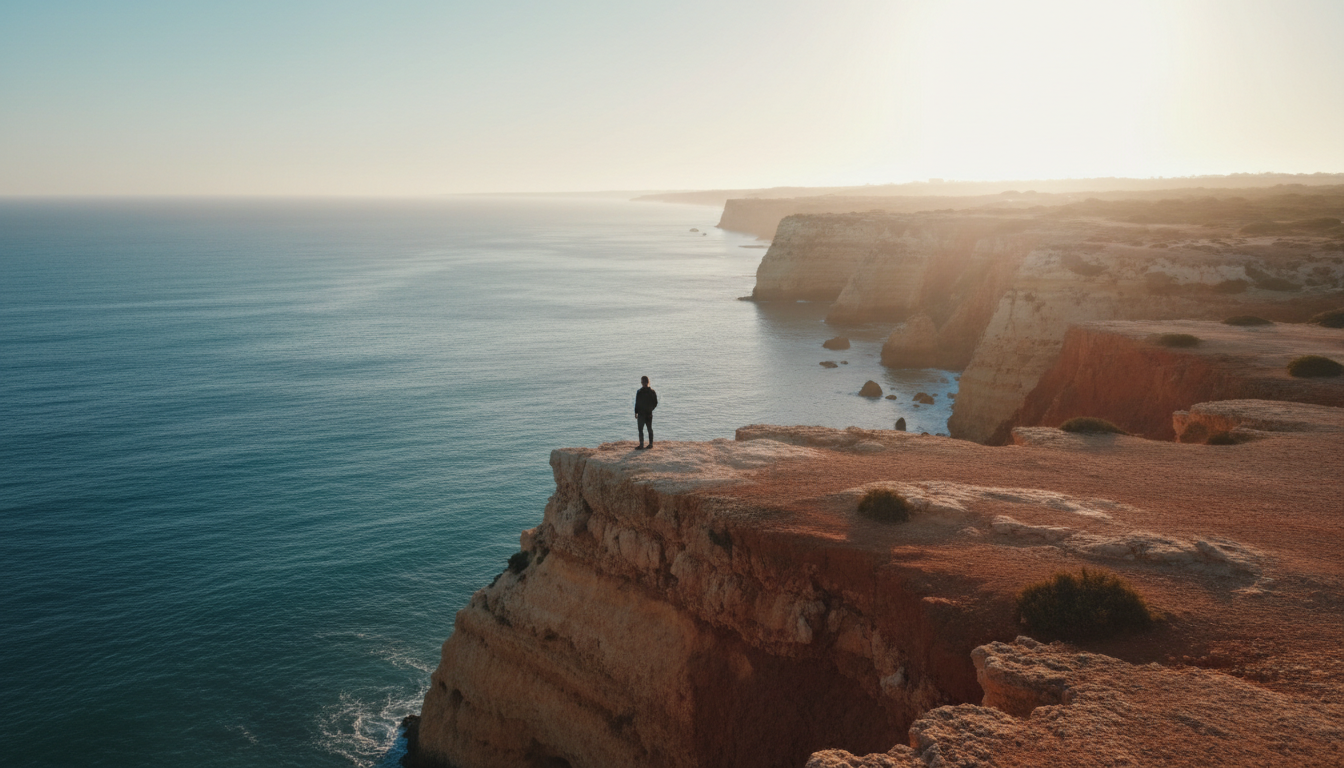 Solitary figure on dramatic golden Algarve cliffs overlooking the Atlantic