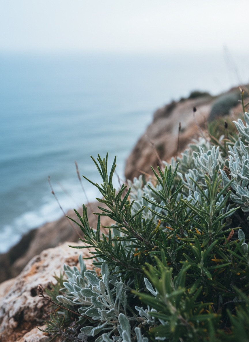 Wild rosemary sprigs with morning dew on a seaside cliff