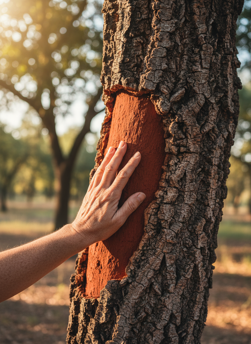 Hand touching rough bark of an ancient cork oak tree