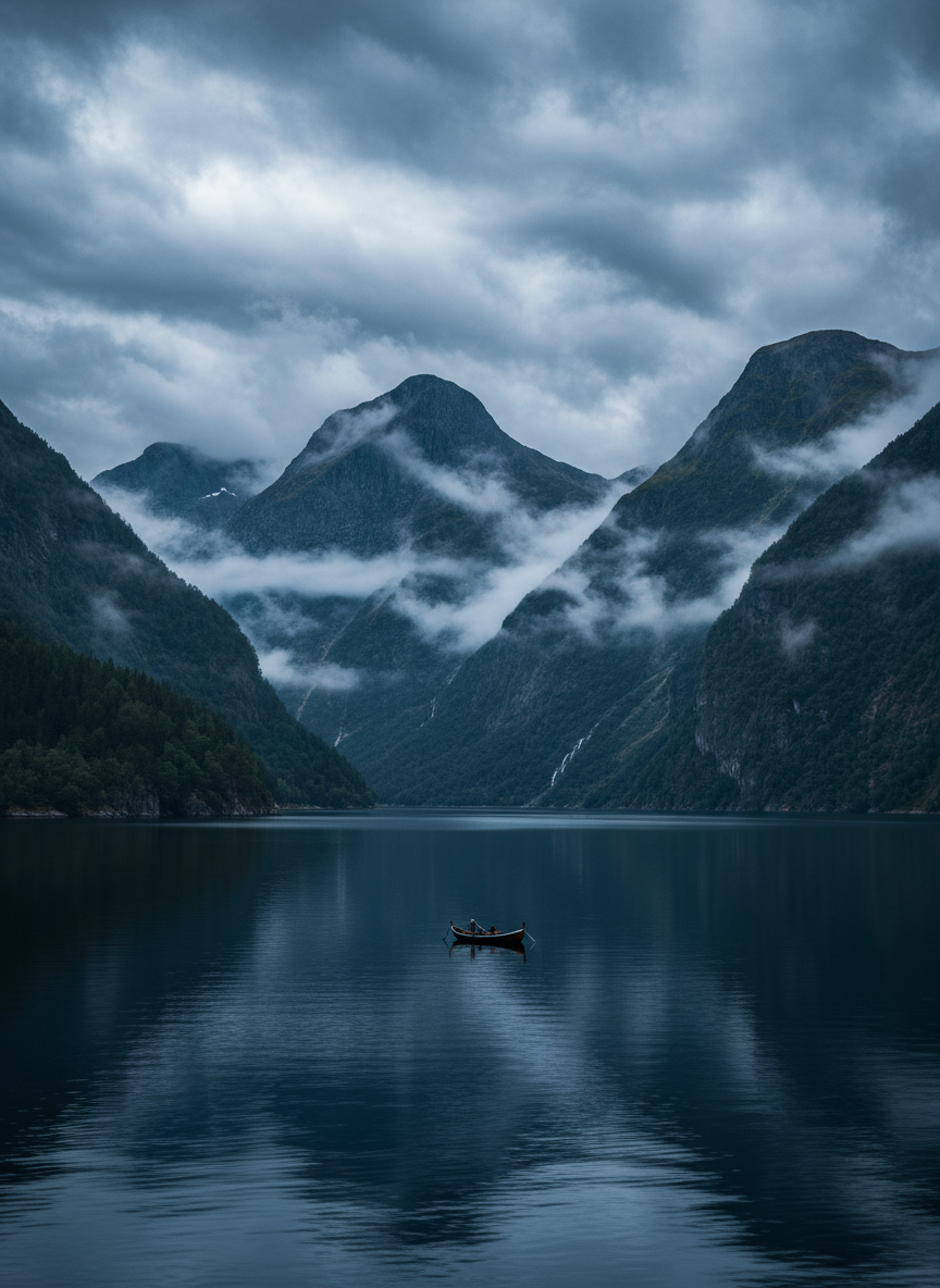 A dramatic misty Norwegian fjord with mountains rising from deep blue water