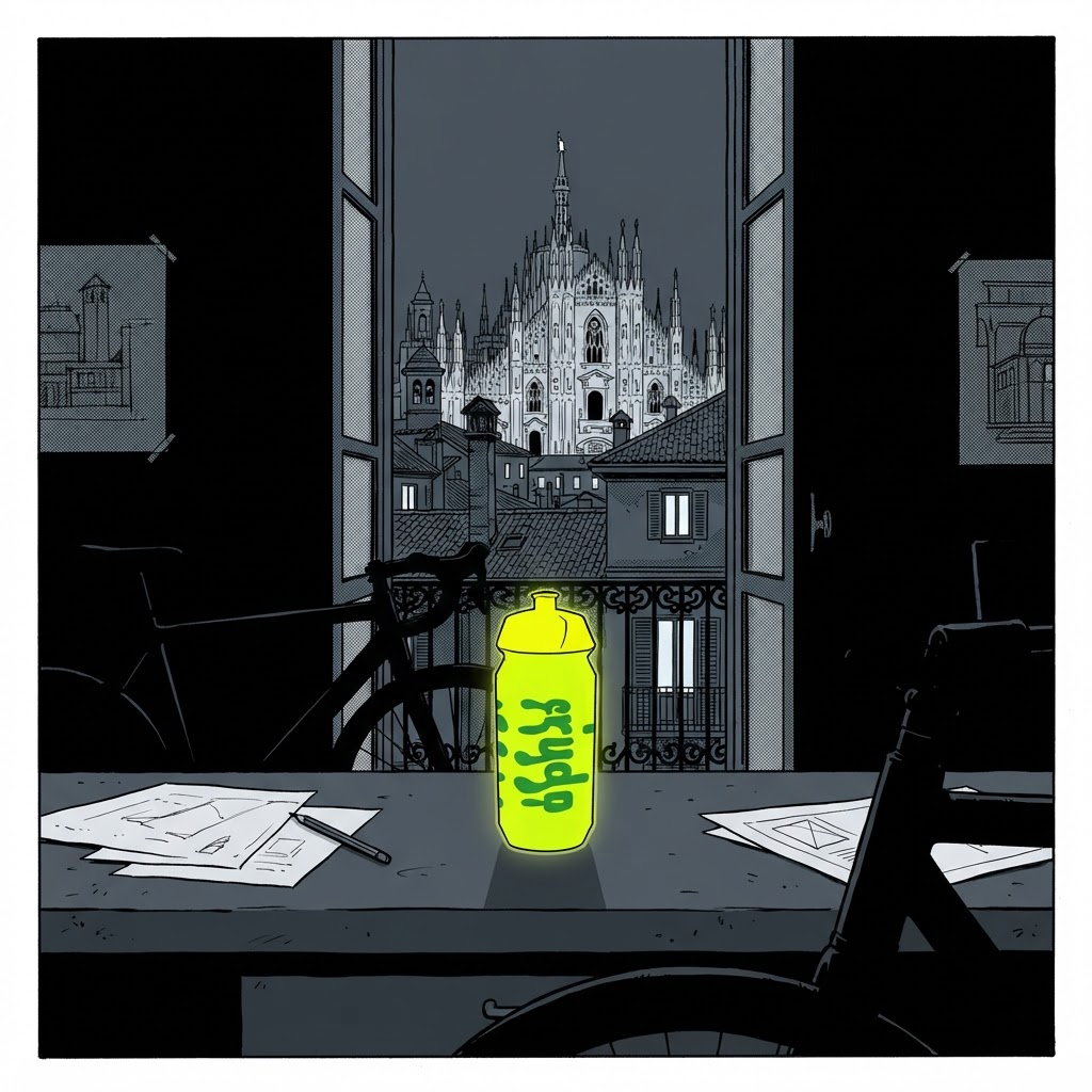 Comic panel: the fluorescent yellow bottle alone on a dark workbench at night, the Duomo and terracotta rooftops of Milan behind the window.