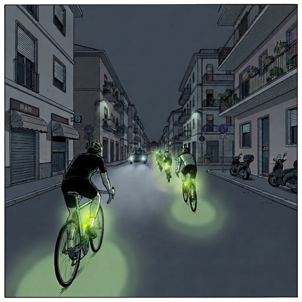 Comic panel: a group of cyclists seen in perspective riding away down a dark Italian street at night, the fluo bottle clipped in the frame bottle holder where a passing car’s headlights catch it, apartment buildings and balconies in silhouette.