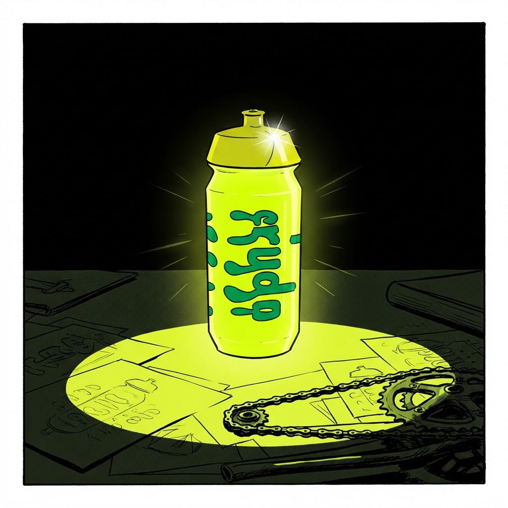 Comic panel: the bottle glowing bright neon yellow-green, lighting up the desk around it.