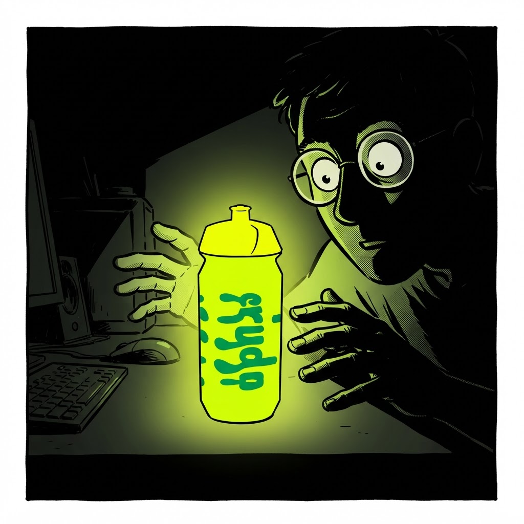 Comic panel: a designer in silhouette leaning in close to the glowing bottle.