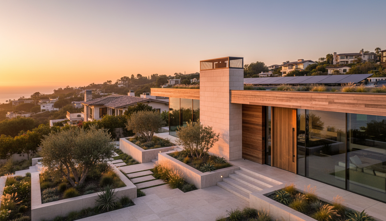 Modern Malibu home exterior with chimney