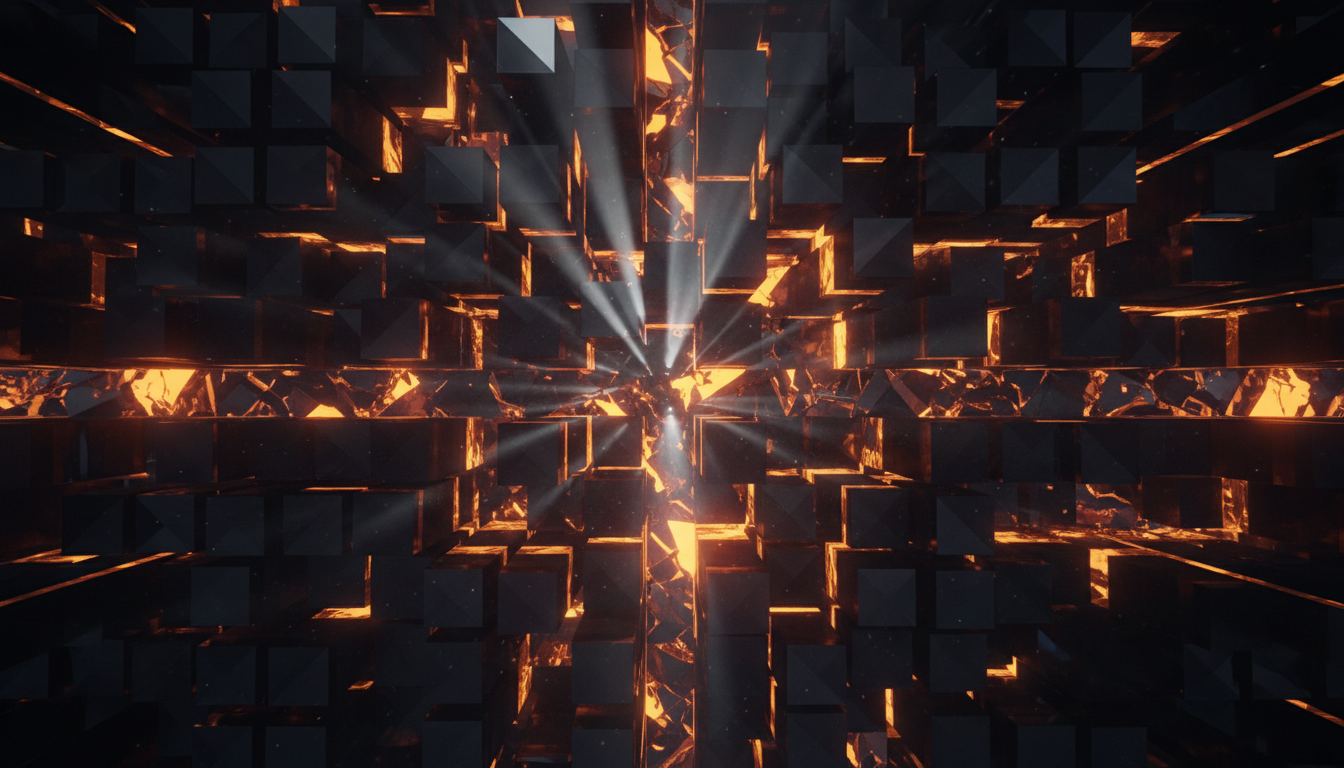 Abstract flowing amber through dark geometric structures