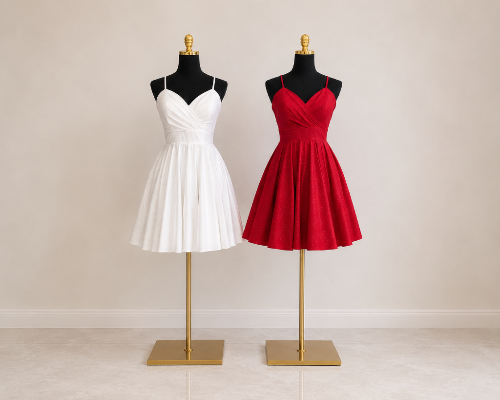 White and red short occasion dresses on gold dress forms in boutique