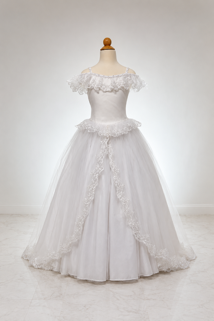 Baptism and flower girl dress alterations Boynton Beach, white lace tulle ball gown on dress form at Bridal and Couture Alterations