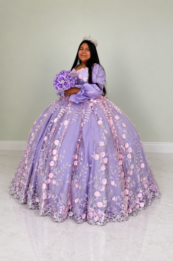 Quinceañera dress alterations Boynton Beach, girl in lavender floral ball gown with tiara and bouquet at Bridal and Couture Alterations