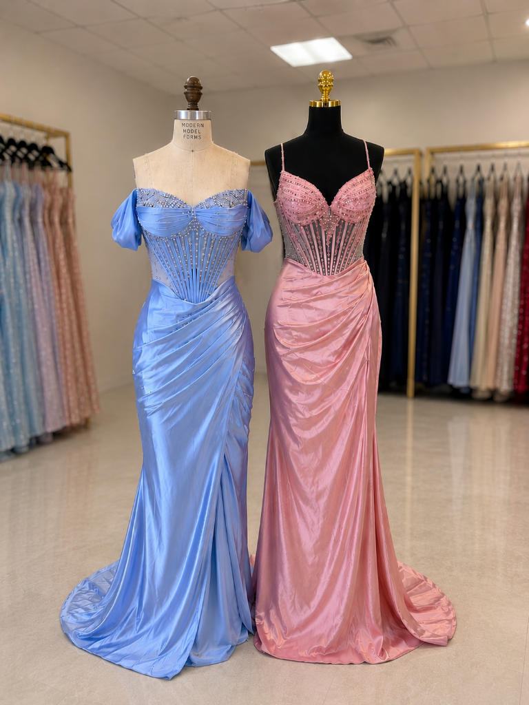 Blue and pink satin corset prom dresses on dress forms in boutique
