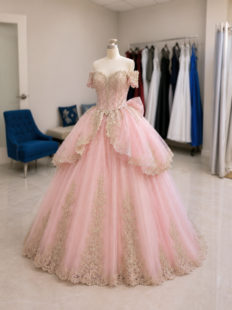 Pink quinceañera ball gown with gold lace applique and tiered tulle skirt on dress form at Bridal and Couture Alterations boutique Boynton Beach