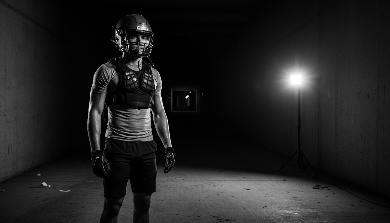 Athlete in stadium tunnel with dramatic lighting