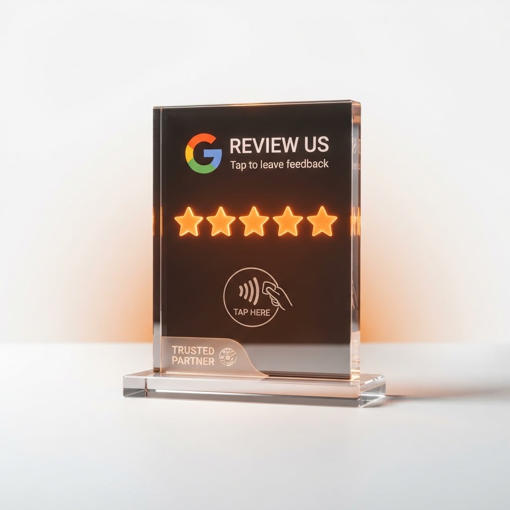 Google Review plaque with floating five-star icons