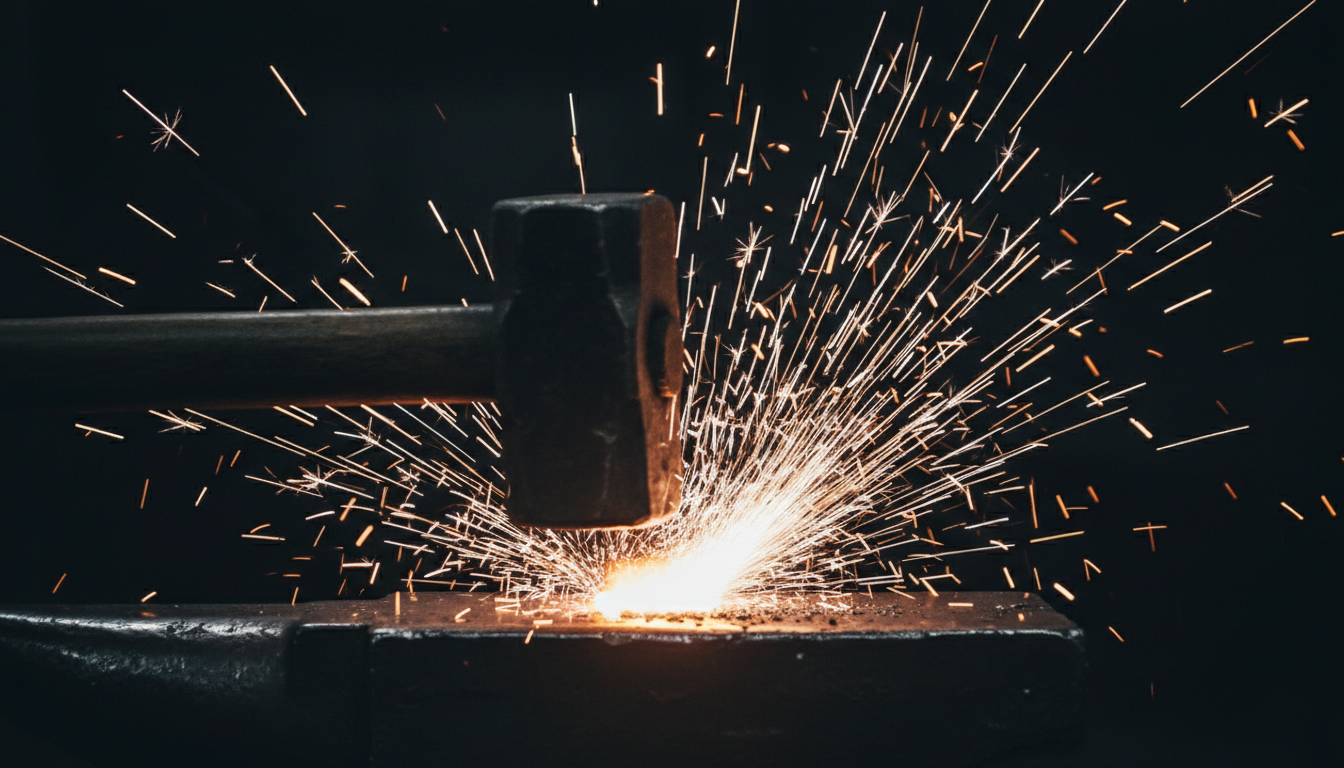 Sparks flying from a forge anvil