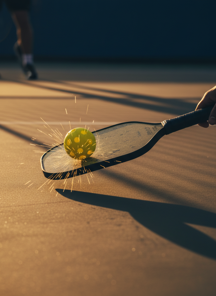 Pickleball paddle striking ball in golden light