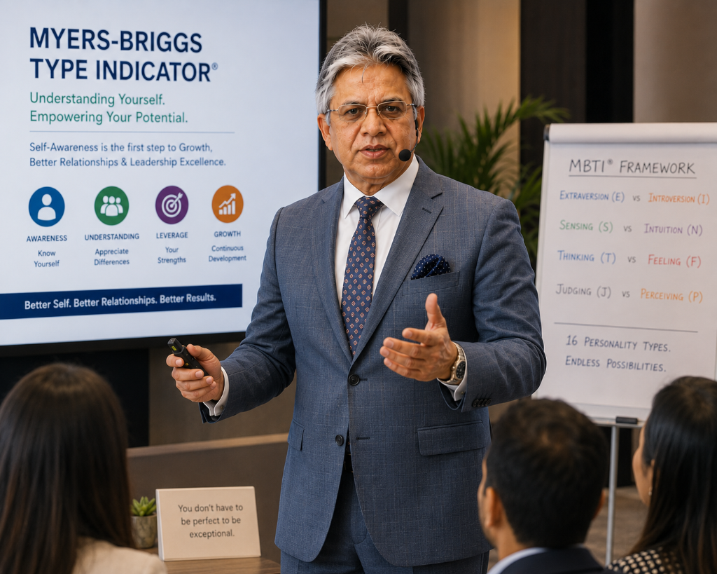 Sohail Khan presenting at an MBTI corporate workshop