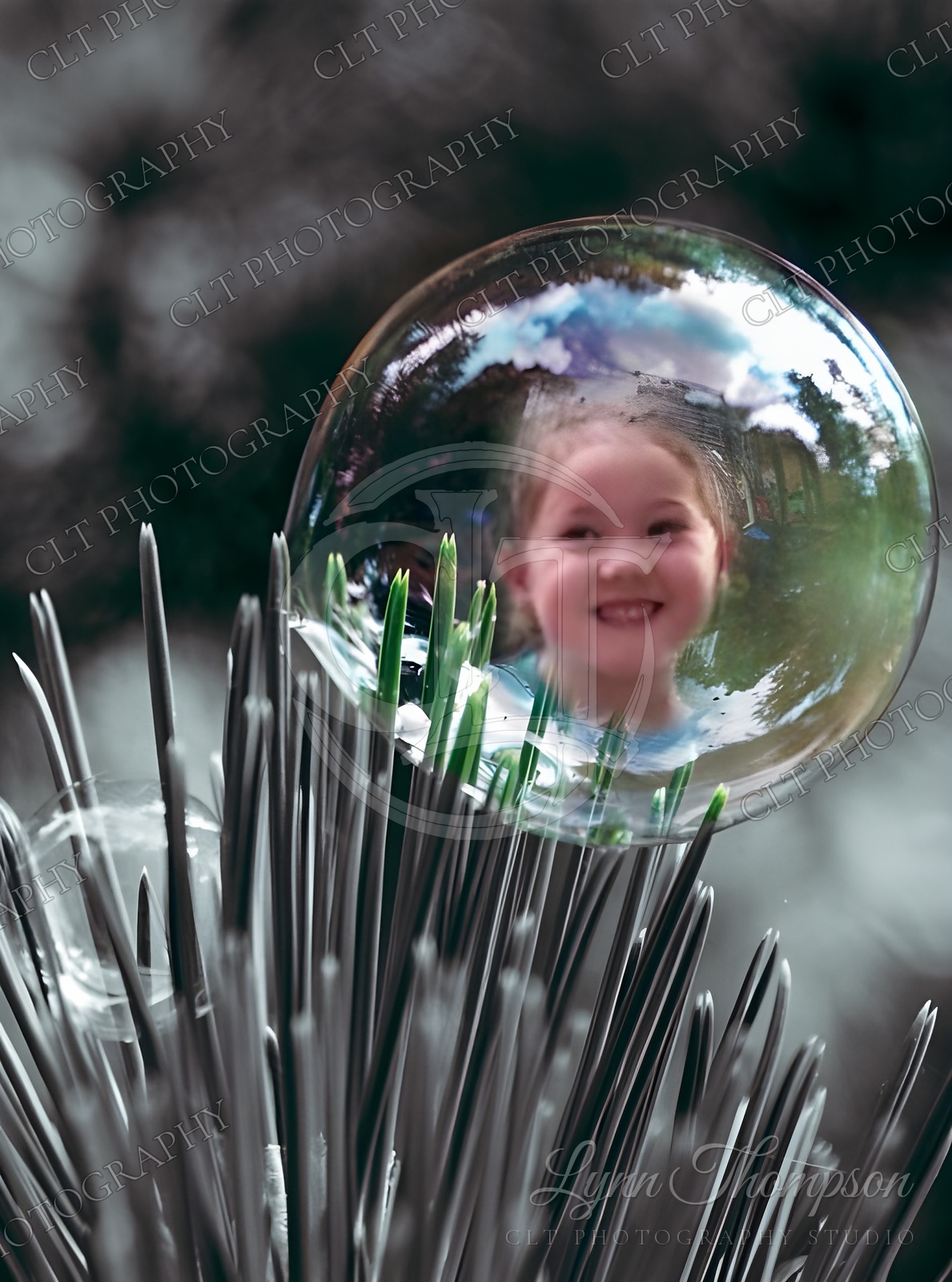 A child's smile reflected in a soap bubble — CLT Photography