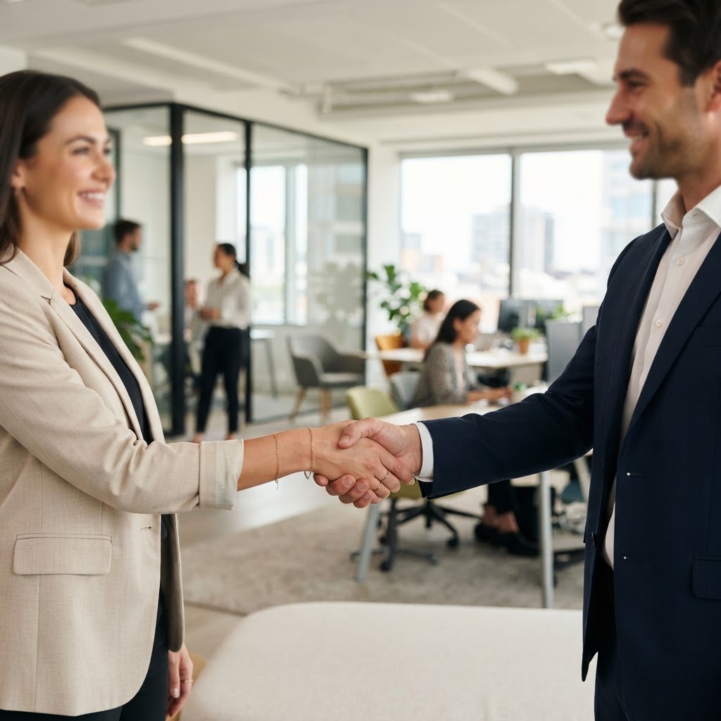 A man and woman shaking hands in a modern office, sealing an agreement