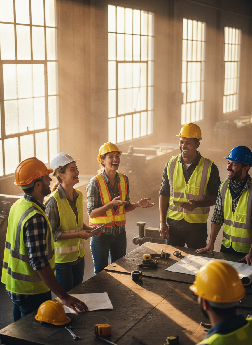 Diverse group of professionals collaborating in a sunlit workspace