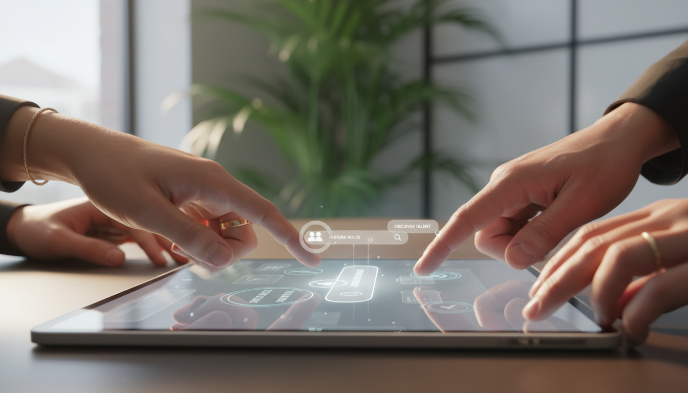 Hands interacting with a modern search interface