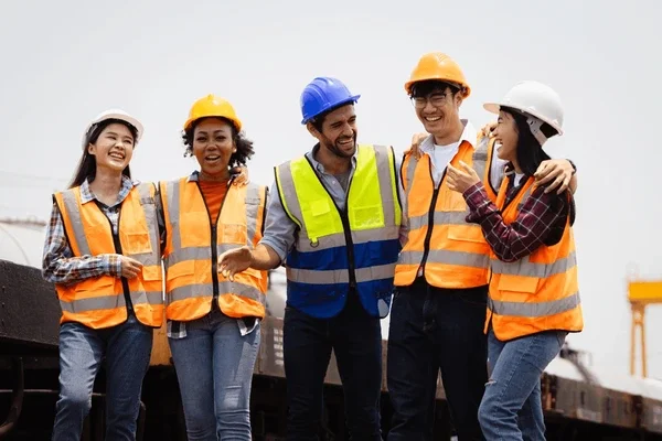 Diverse industrial workers in safety gear laughing together