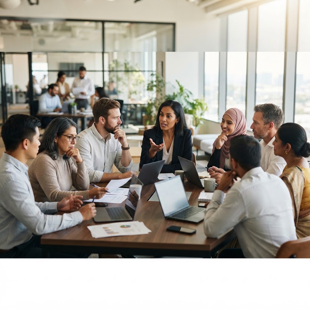 A diverse team weighing up a hiring decision together