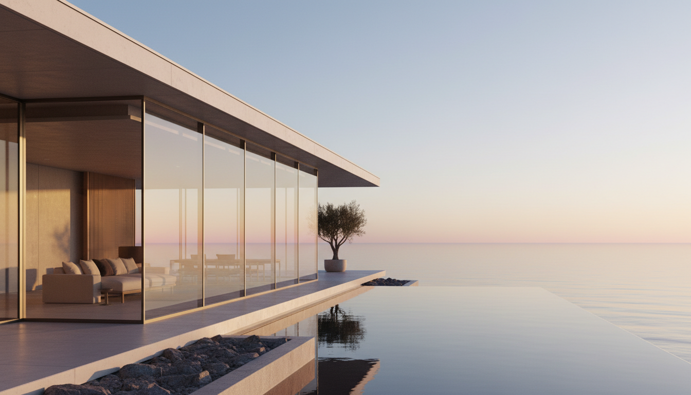 Modern villa overlooking calm ocean at dawn