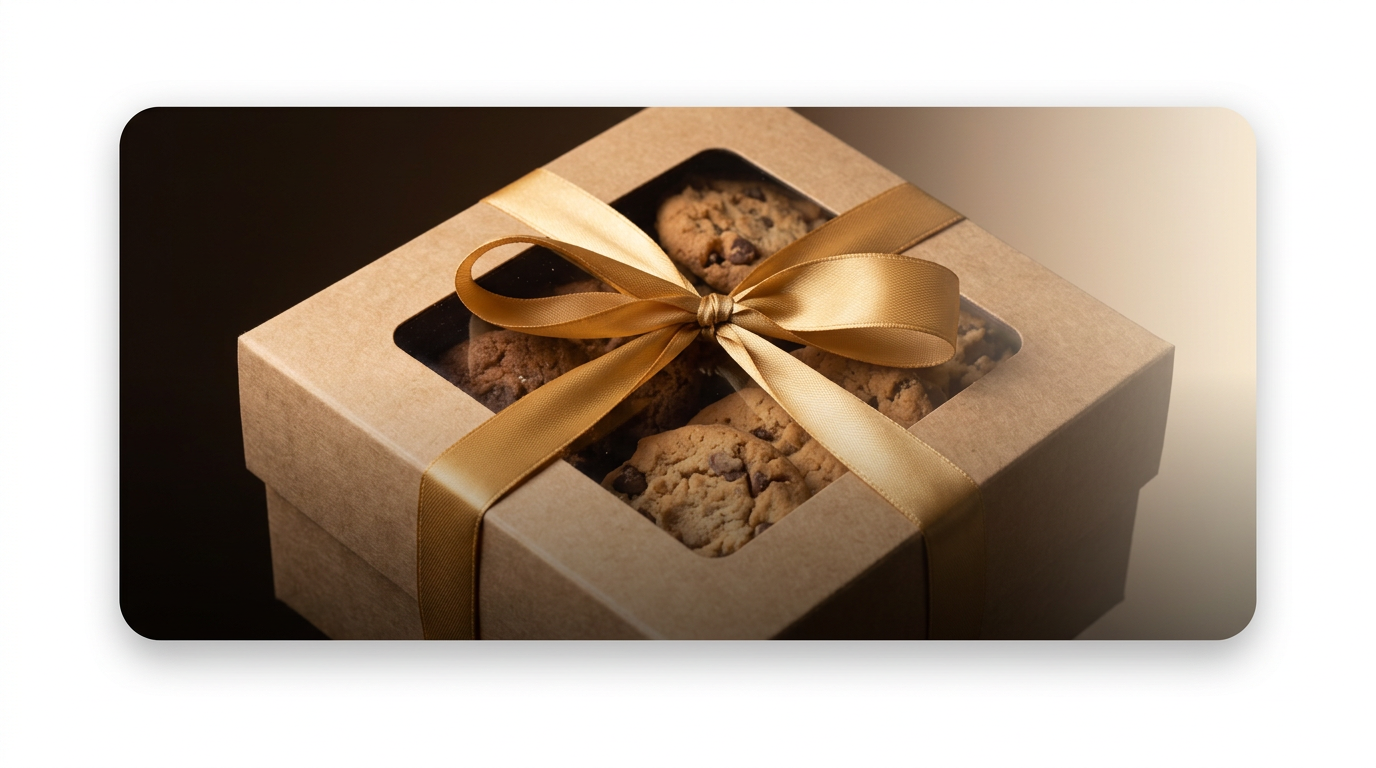 Kraft cookie gift box with gold satin ribbon and window cutout