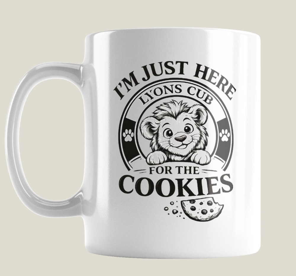 Lyons Cub mug — I'm just here for the cookies