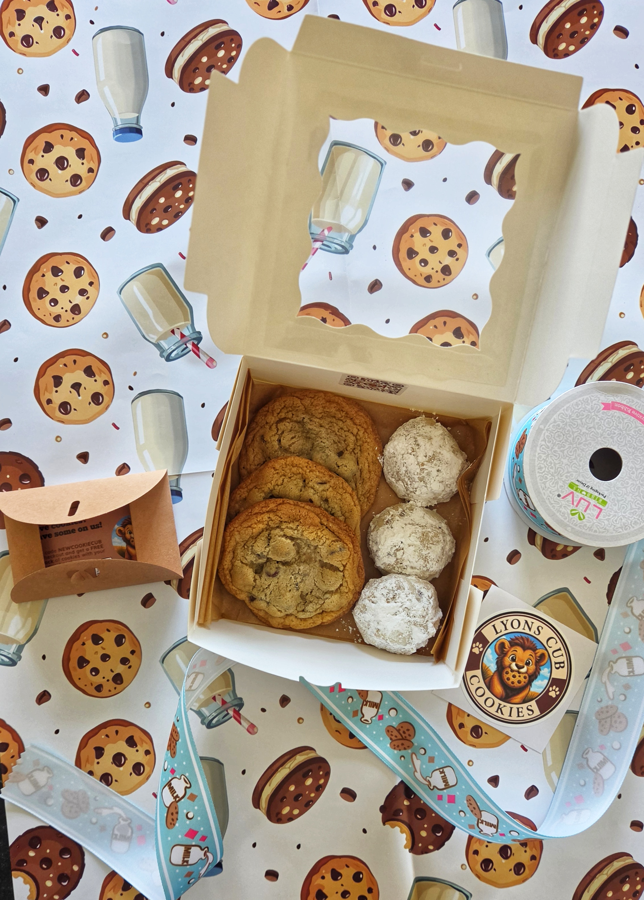 Kraft cookie gift box with gold satin ribbon and window cutout