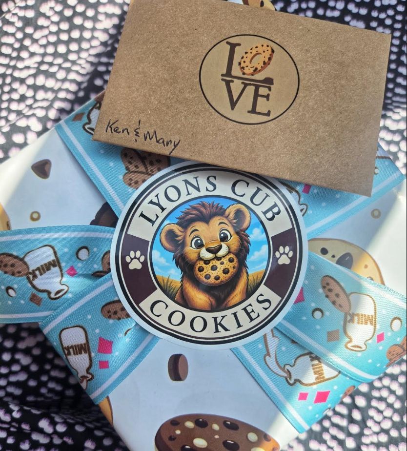 Lyons Cub cookie gift wrapped with ribbon, sticker, and LOVE card
